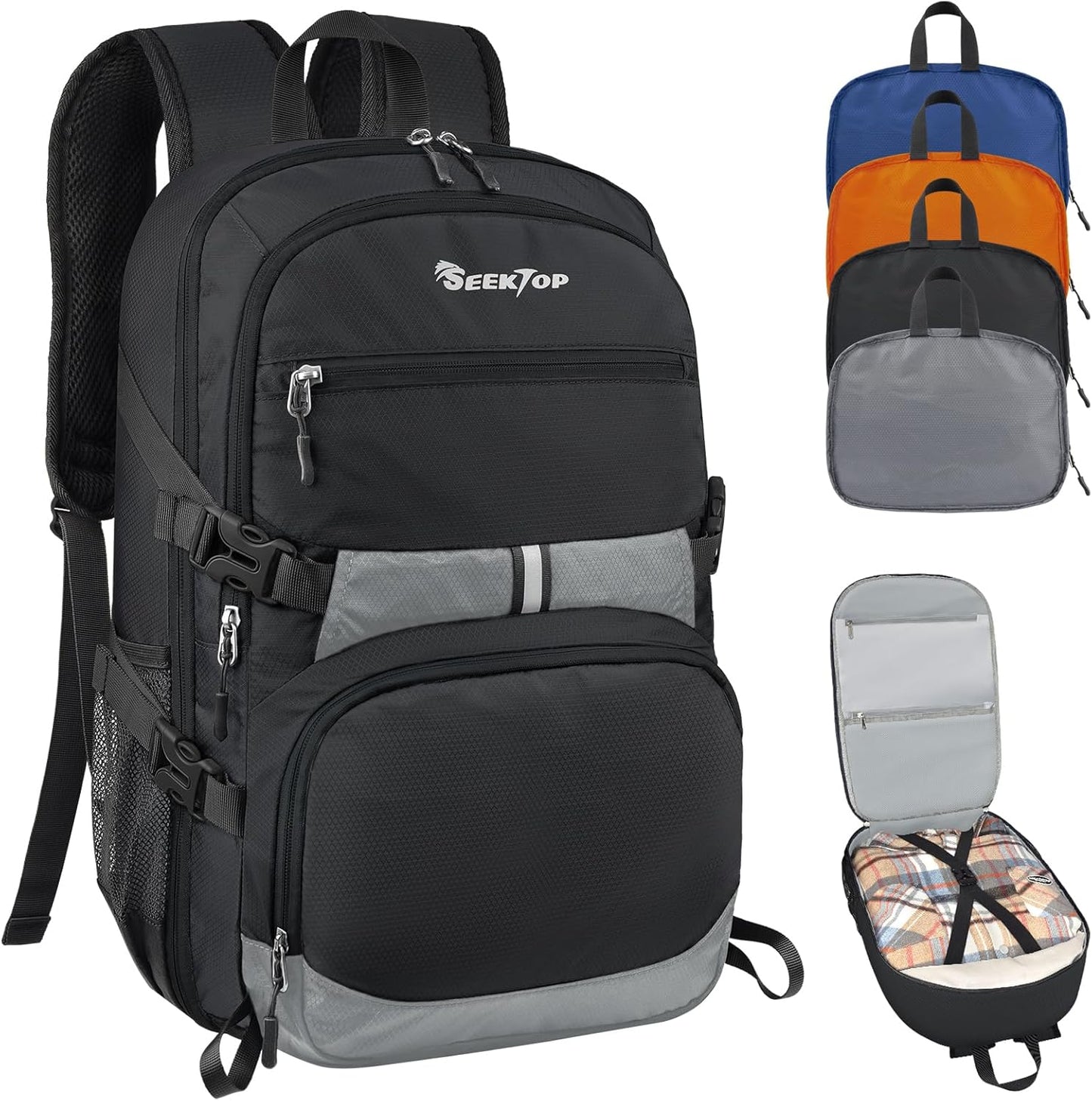 Seektop 40L Foldable Hiking Backpack for Women Men Lightweight Packable Travel Backpack Carry on Flight Approved for Outdoor Camping Sport Leisure (Black)