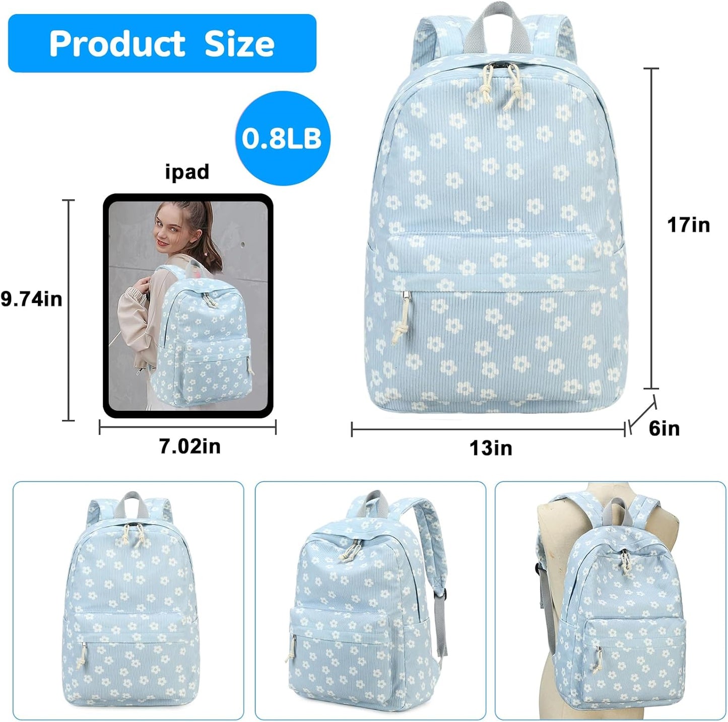 School Backpack for Teen Girls Bookbags Elementary High School Corduroy Laptop Bags Women Travel Daypacks
