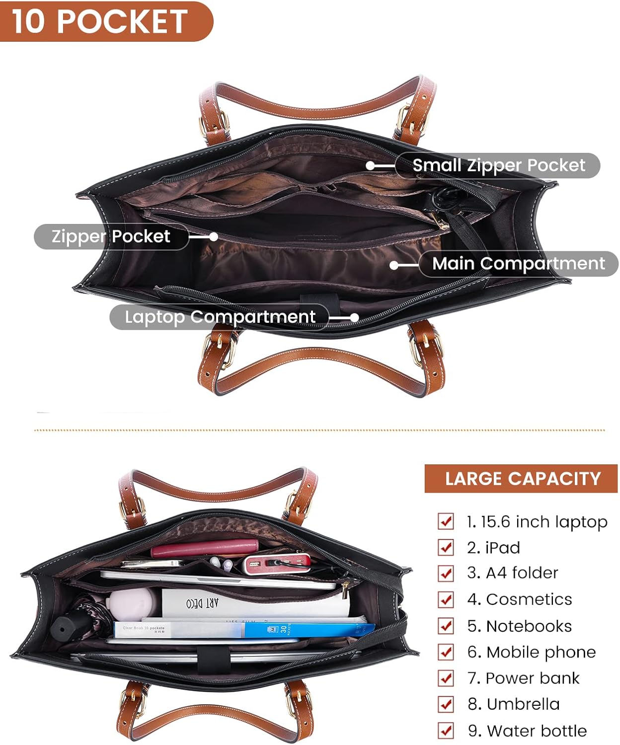 LOVEVOOK Laptop Tote Bag for Women, 15.6 inch Computer Tote Work Bag Purse, Large Waterproof Leather Professional Briefcase for Office, Work Travel