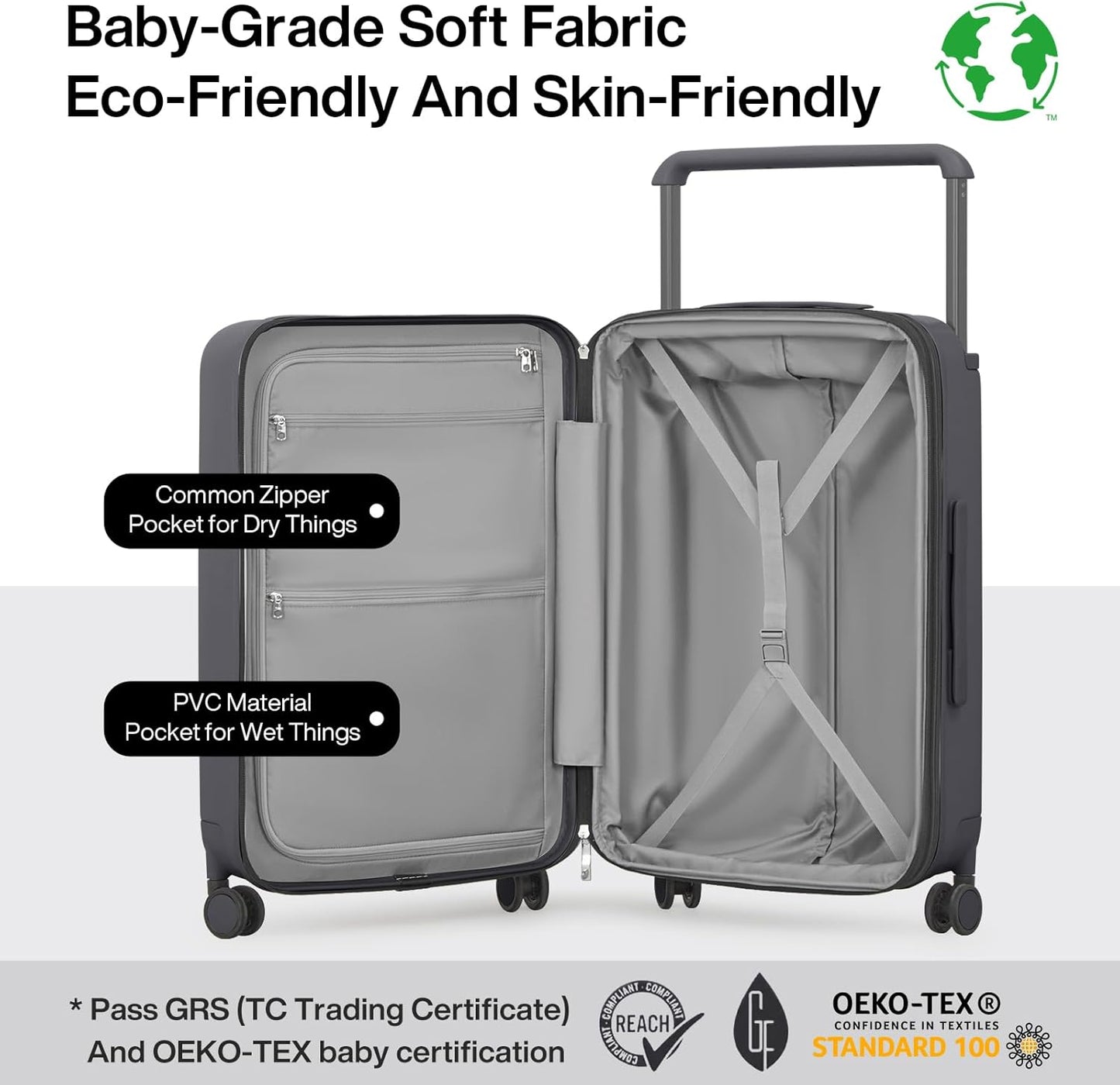 mixi Large Capacity Expandable Carry On Luggage Airline Approved 20'' Lightweight Luggage Wide Handle PC Hardshell Suitcases with Spinner Wheels & TSA Lock, Rock Gray