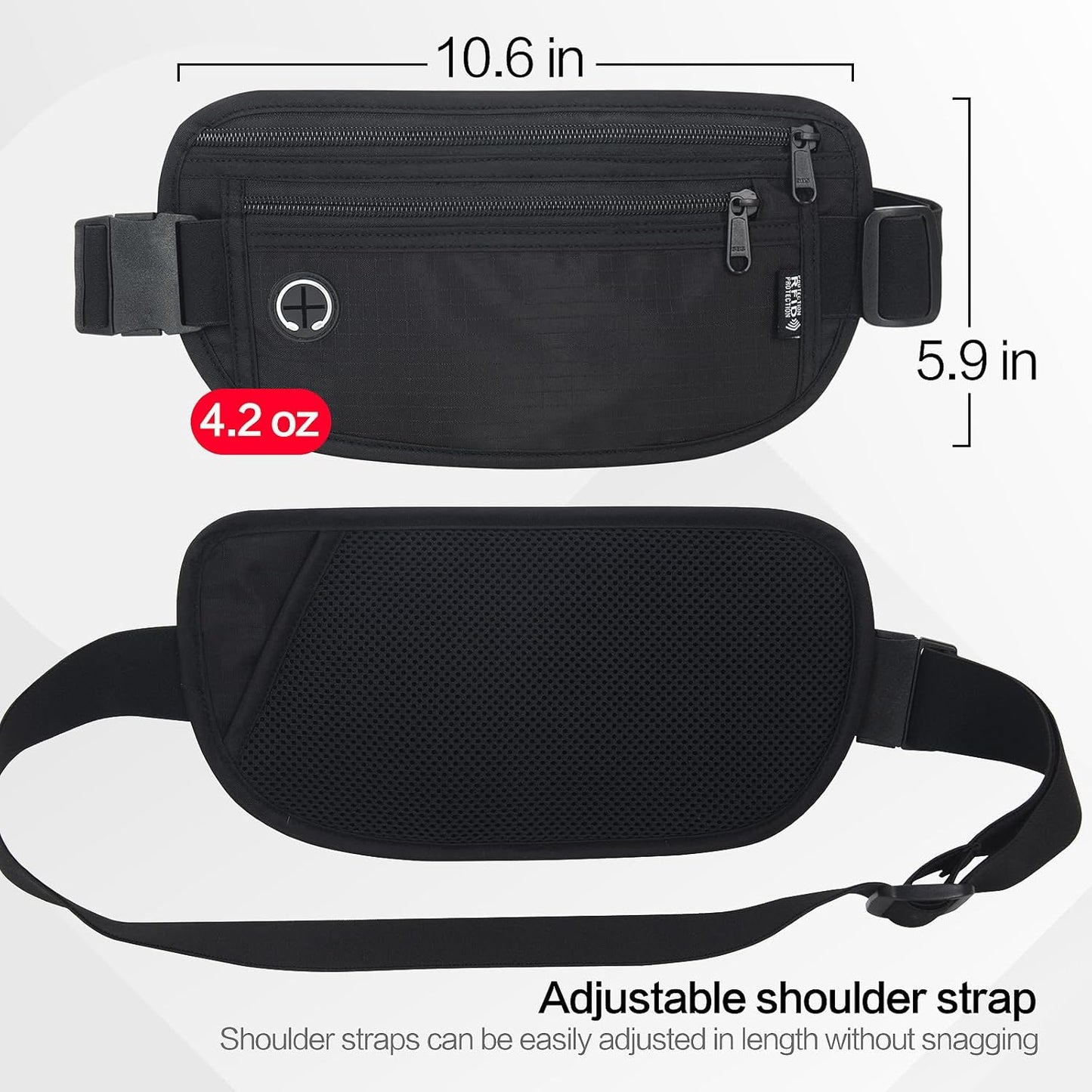 Slim RFID Blocking Money Belt for Travel - Anti-Theft Hidden Passport Holder Waist Wallet with Secure Pouch for Cash, Credit Cards & Phone Safe (Black)