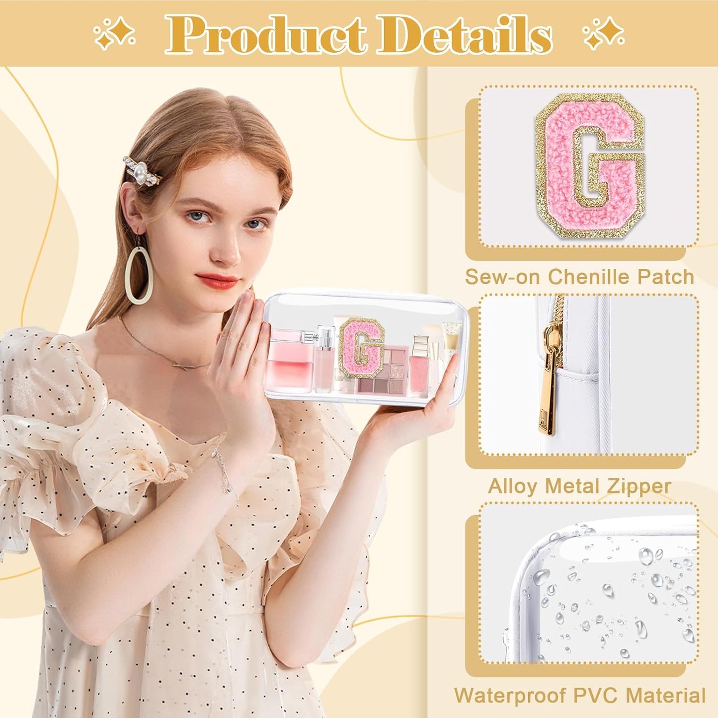 Personalized Initial Letter Clear Preppy Cosmetic Bag, Travel Toiletry Bag, Clear Nylon & PVC, Adult Female Women's Cosmetic Case