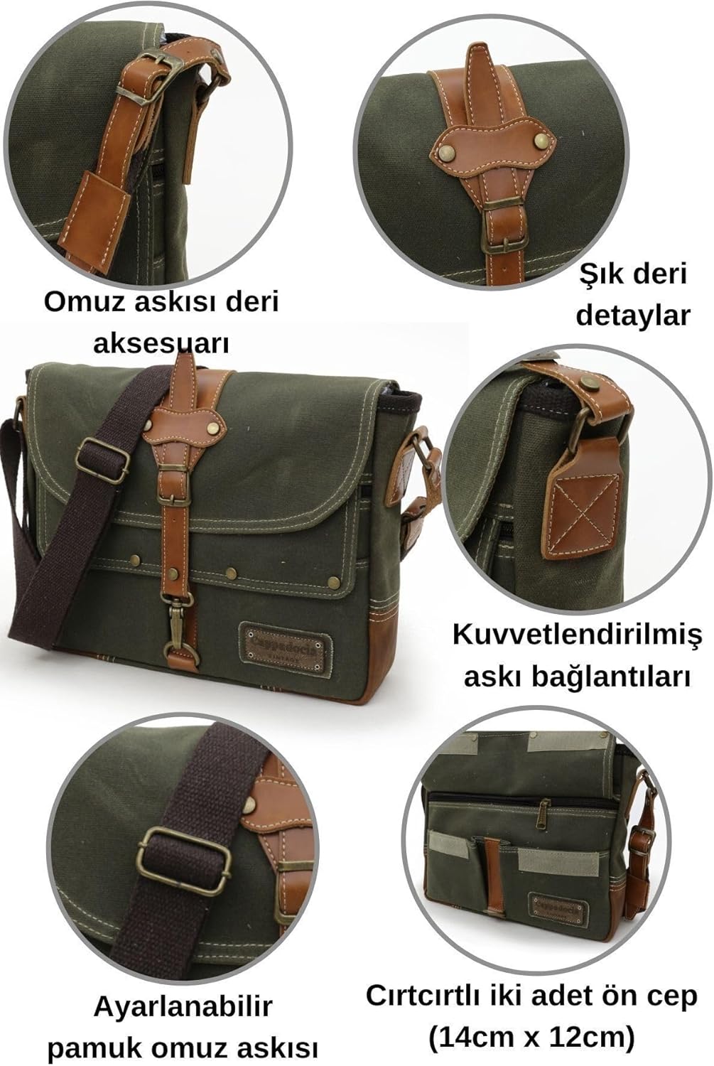 Antiochia 4046 Messenger Bag, Leather Detailed Shoulder Laptop Bag, Unisex Style for Daily, Travel