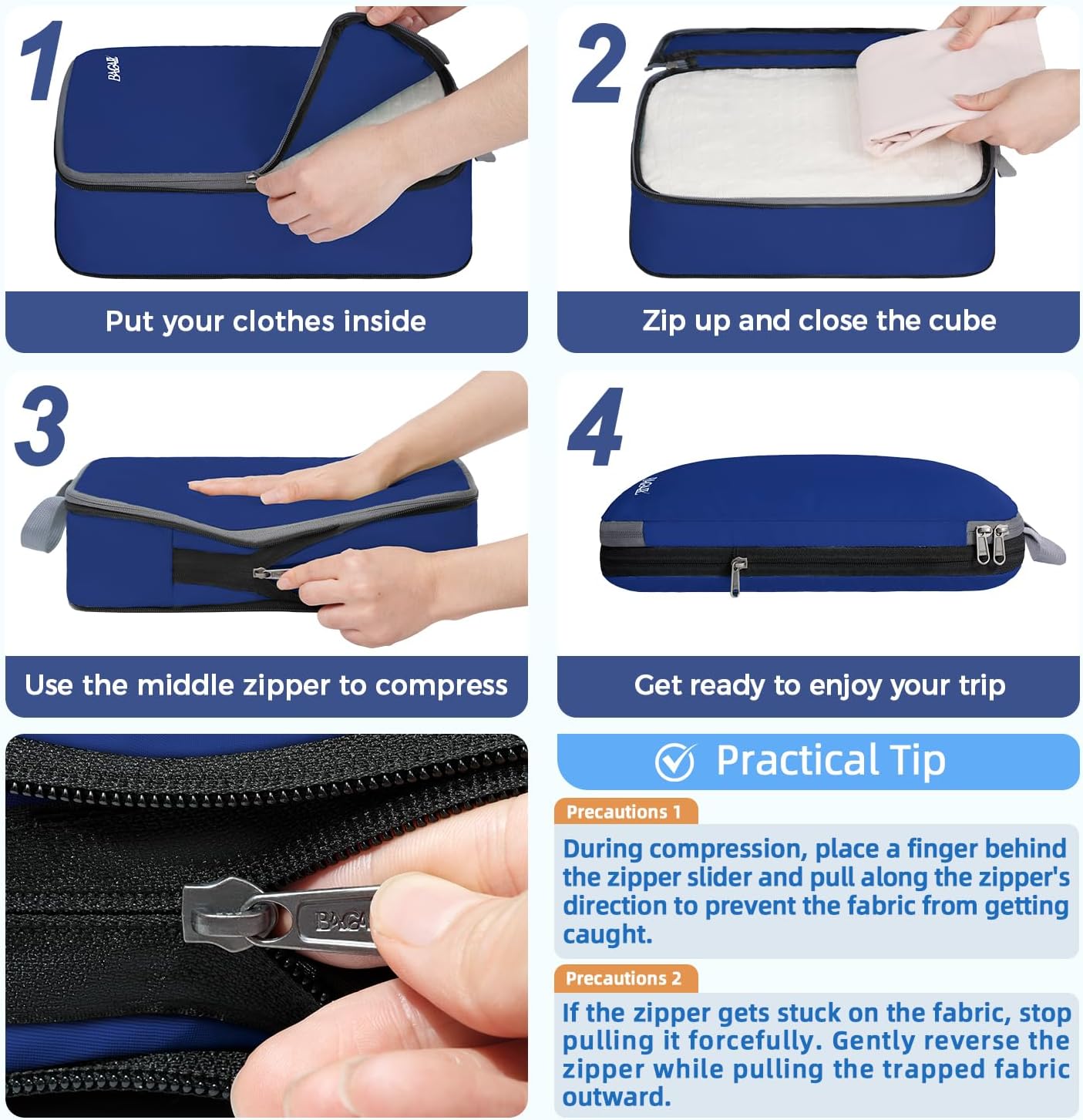 BAGAIL 4 Set/6 Set/8 Set Compression Packing Cubes Travel Accessories Expandable Packing Organizers (Cloth Pattern, 4-Navy)