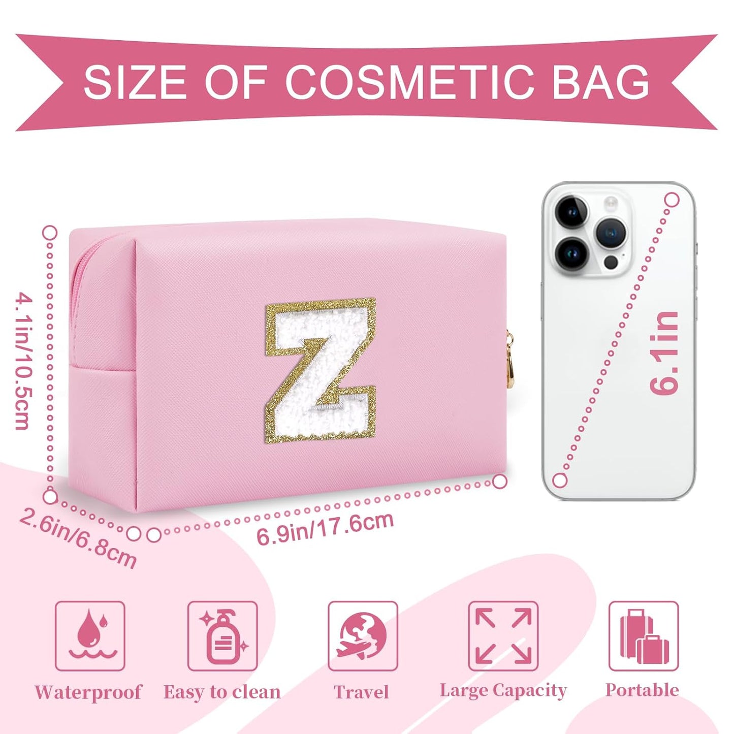 Personalized Initial A-Z Preppy Patch Makeup Bag,Small PU Chenille Letter Cosmetic Bag with Zipper for Teen Girls,Pink Cute Toiletry Organizer Bag,Monogram Makeup Case Gift for Women Girls,Letter Z