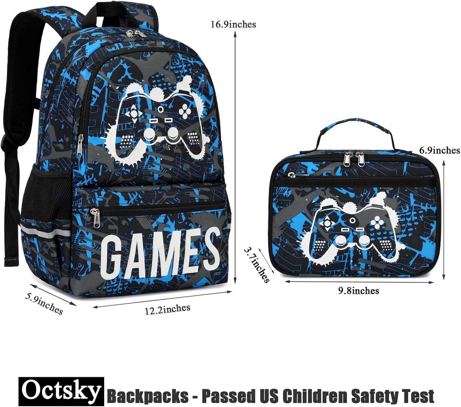 Octsky Kids School Backpack for Boys and Girls, Luminous Backpack with Lunch Box, Gamepad Bookbag