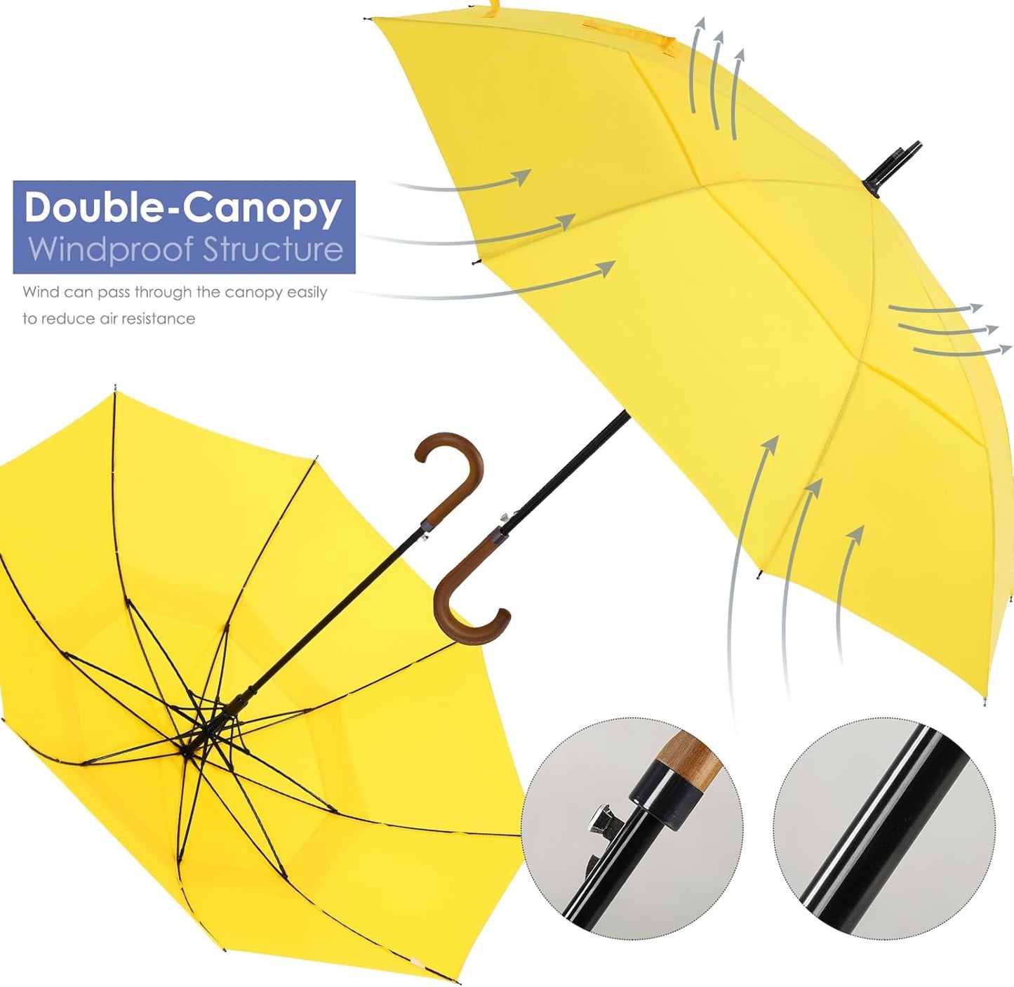 ZEKAR Wooden J-Handle Umbrella, 54/62 inch, Classic Large Windproof Stick Umbrella, Auto Open for Men and Women Golf umbrella (Yellow, 62”)