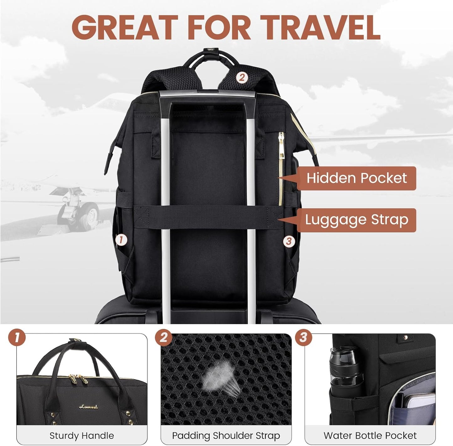 LOVEVOOK Laptop Backpack for Women,18 Inch Professional Womens Travel Backpack Purse Computer Laptop Bag Nurse Teacher Backpack,Waterproof College Work Bags Carry on Back Pack with USB Port,Black