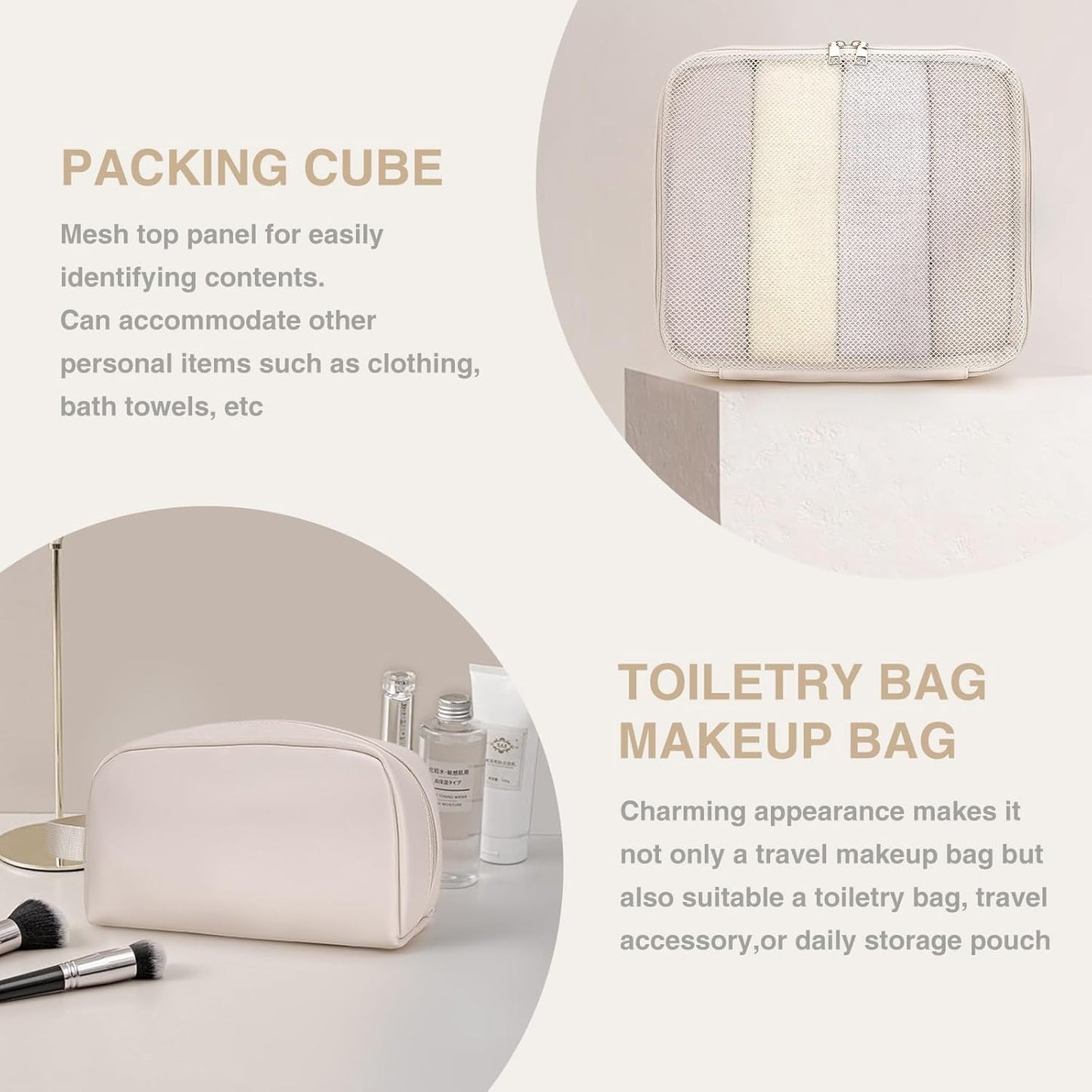 Weekender Bag for Women Men, Large Overnight Bag Faux Leather Travel Duffel Bag with Shoe Compartment Toiletry Packing Cube Carry On Bag Fit 21" Laptop 3Pcs Set (Beige)