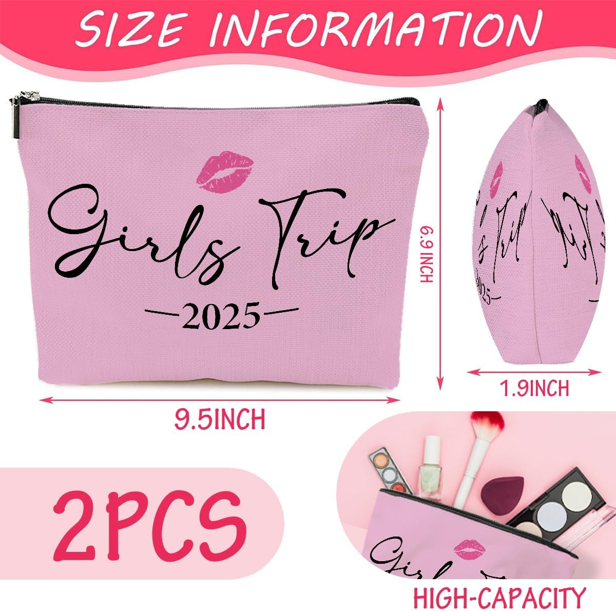 2 PCS Girls Trip Gifts: Fashion Waterproof Nylon Cosmetic Bag, 9W x 7H, Perfect for Travel