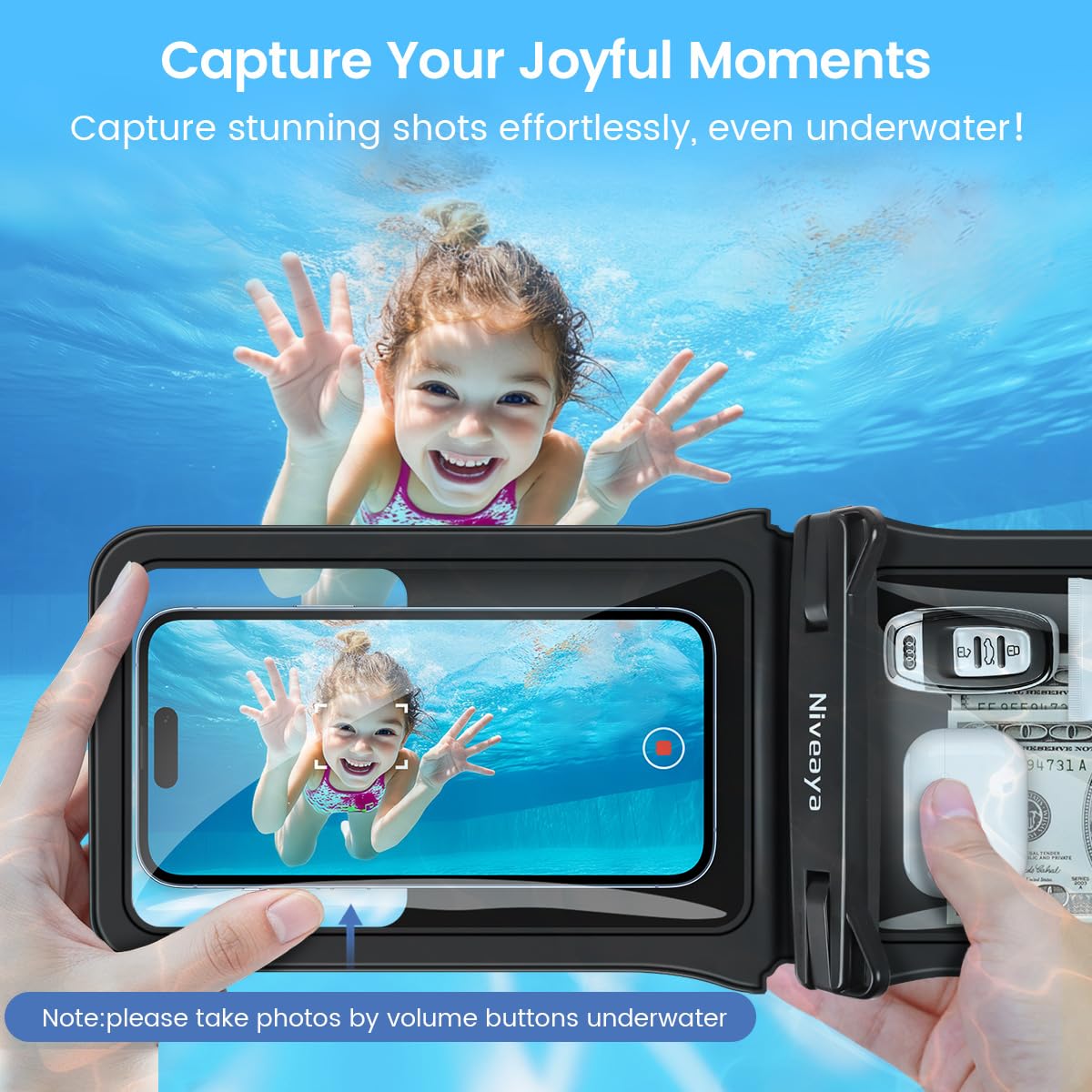 Niveaya IPX8 Double Space Waterproof Phone Pouch (up to 8.3") -2 Pack Waterproof Phone Case with