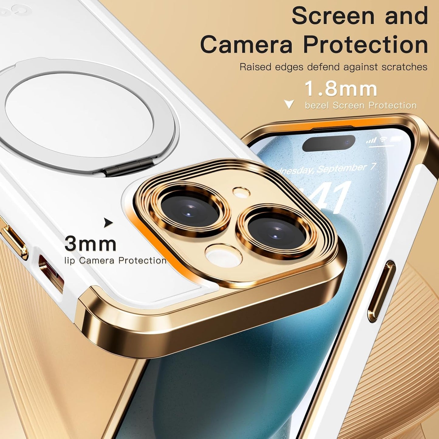 COOLQO for iPhone 13 Case 6.1'' Upgraded 360° Spin Magnetic Stand [Compatible with Magsafe][Military Protection] Plating Matte Scratch-Resistant Back Protective Shockproof Phone Case, White Gold