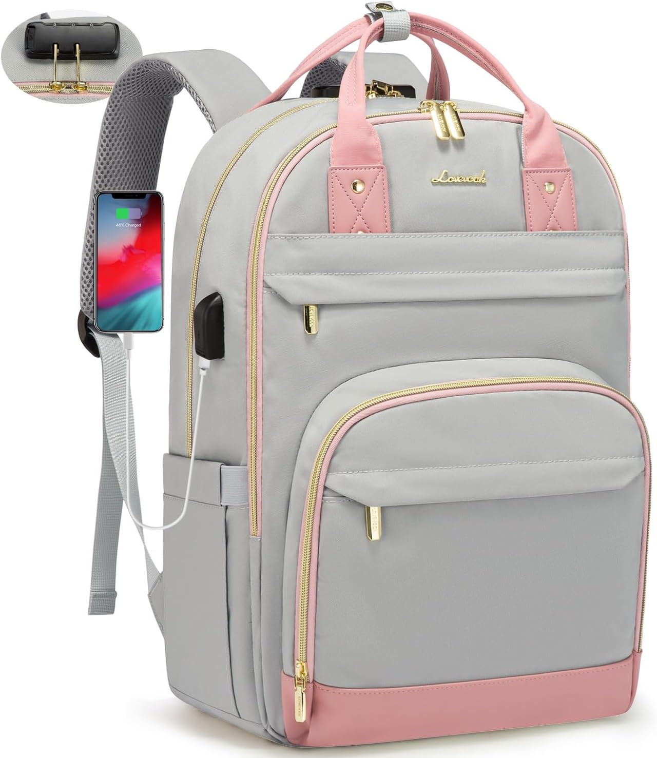 LOVEVOOK Laptop Backpack for Women, Large Capacity Travel Anti-Theft Bag Business Work Computer Backpacks Purse, Casual Hiking Daypack, 15.6 Inch, Light Grey-Pink