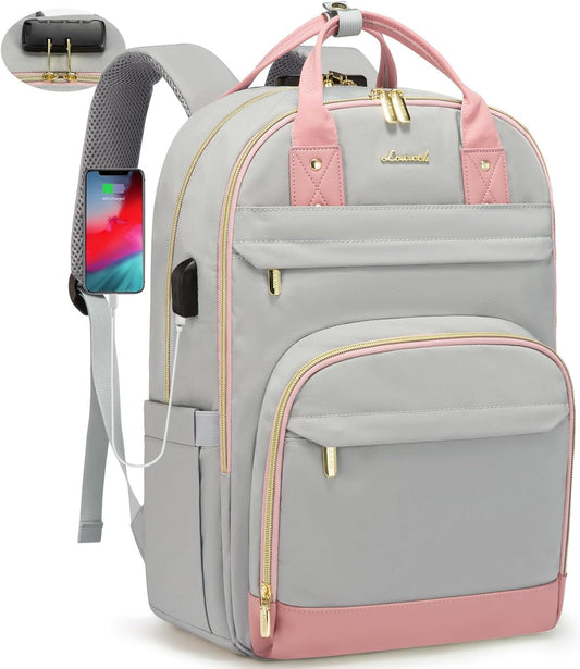 LOVEVOOK Laptop Backpack for Women, Large Capacity Travel Anti-Theft Bag Business Work Computer Backpacks Purse, Casual Hiking Daypack, 15.6 Inch, Light Grey-Pink