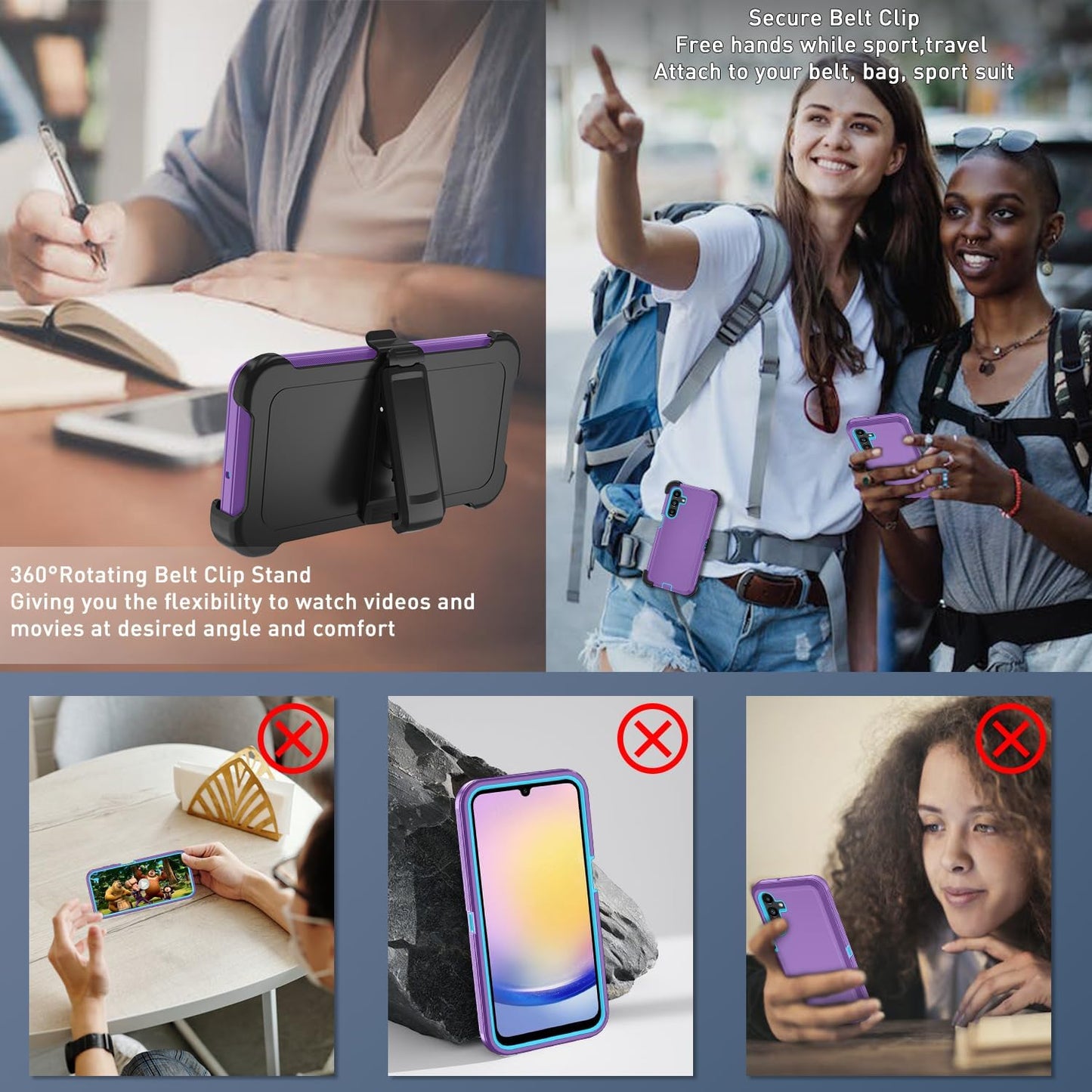 FOR Samsung Galaxy A17 5G case,A16 5G Heavy Duty case,with A Tempered Glass Screen Protector, [Military Grade Protective ] [Shockproof] [Dropproof] [Dust-Proof] (with Belt Clip-Purple Sky Blue)