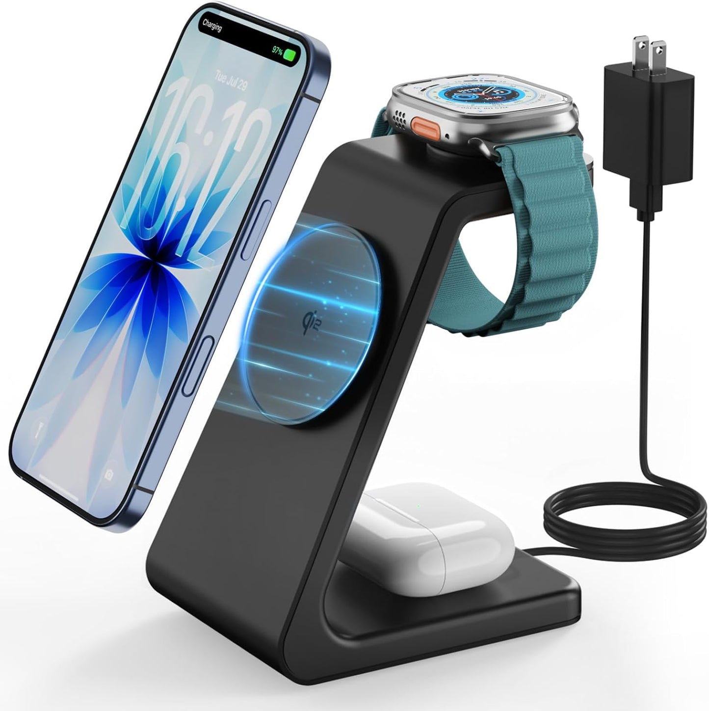 Magsafe Wireless Charging Station for iPhone: 3 in 1 15W Magnetic Portable Desktop Charging Station Qi2 Certified Charger Stand for iPhone17/16/15/14/13/12 Series, Apple Watch, AirPods 4/3/Pro