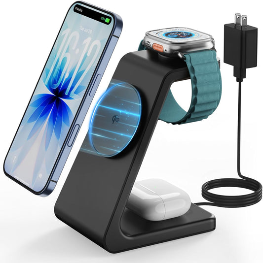 Magsafe Wireless Charging Station for iPhone: 3 in 1 15W Magnetic Portable Desktop Charging Station Qi2 Certified Charger Stand for iPhone17/16/15/14/13/12 Series, Apple Watch, AirPods 4/3/Pro