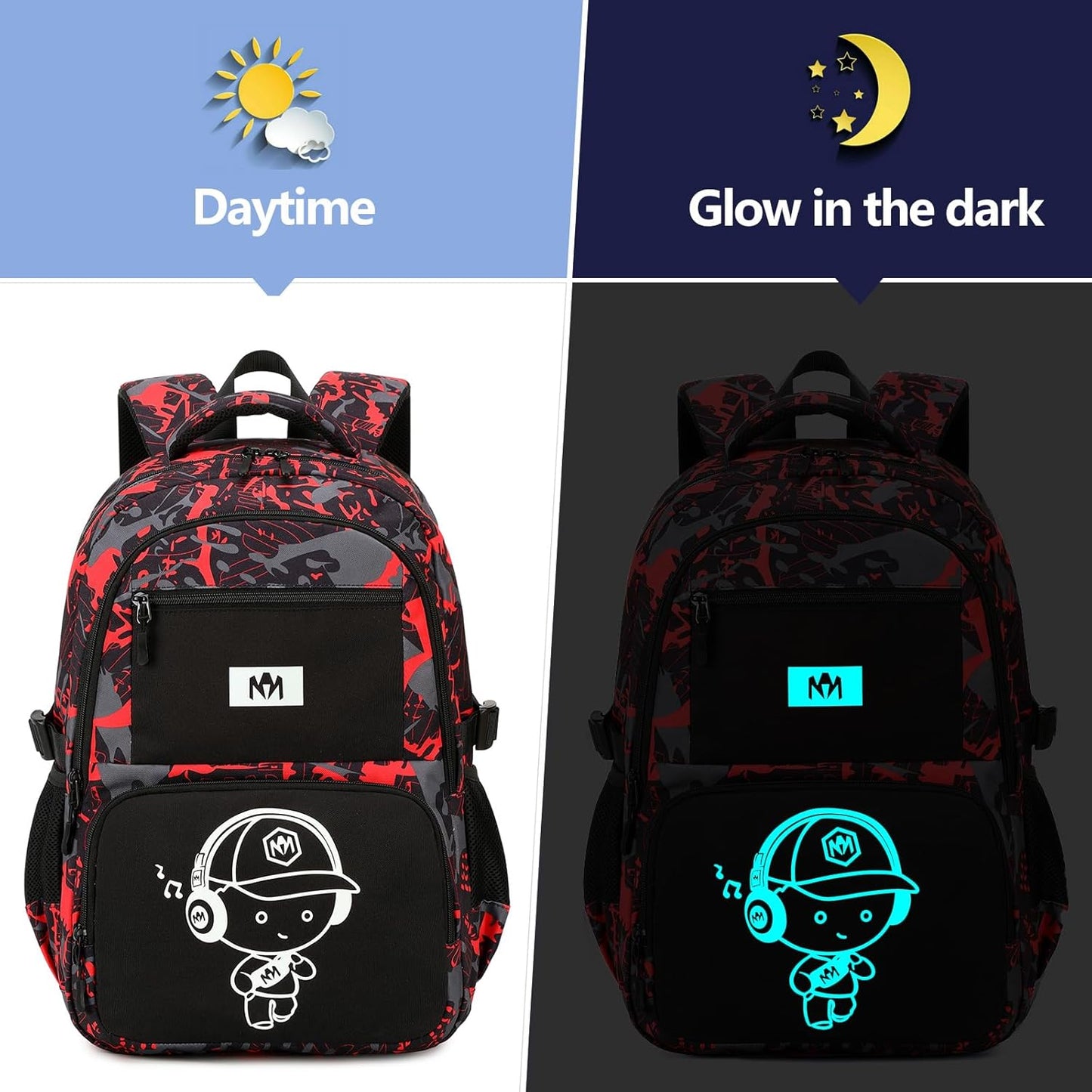 Bluboon Kids Backpack Boys Camo Bookbag Teens Elementary School Bag Daypack Travel Back Pack Middle school (Boy-red doodle 2pcs)