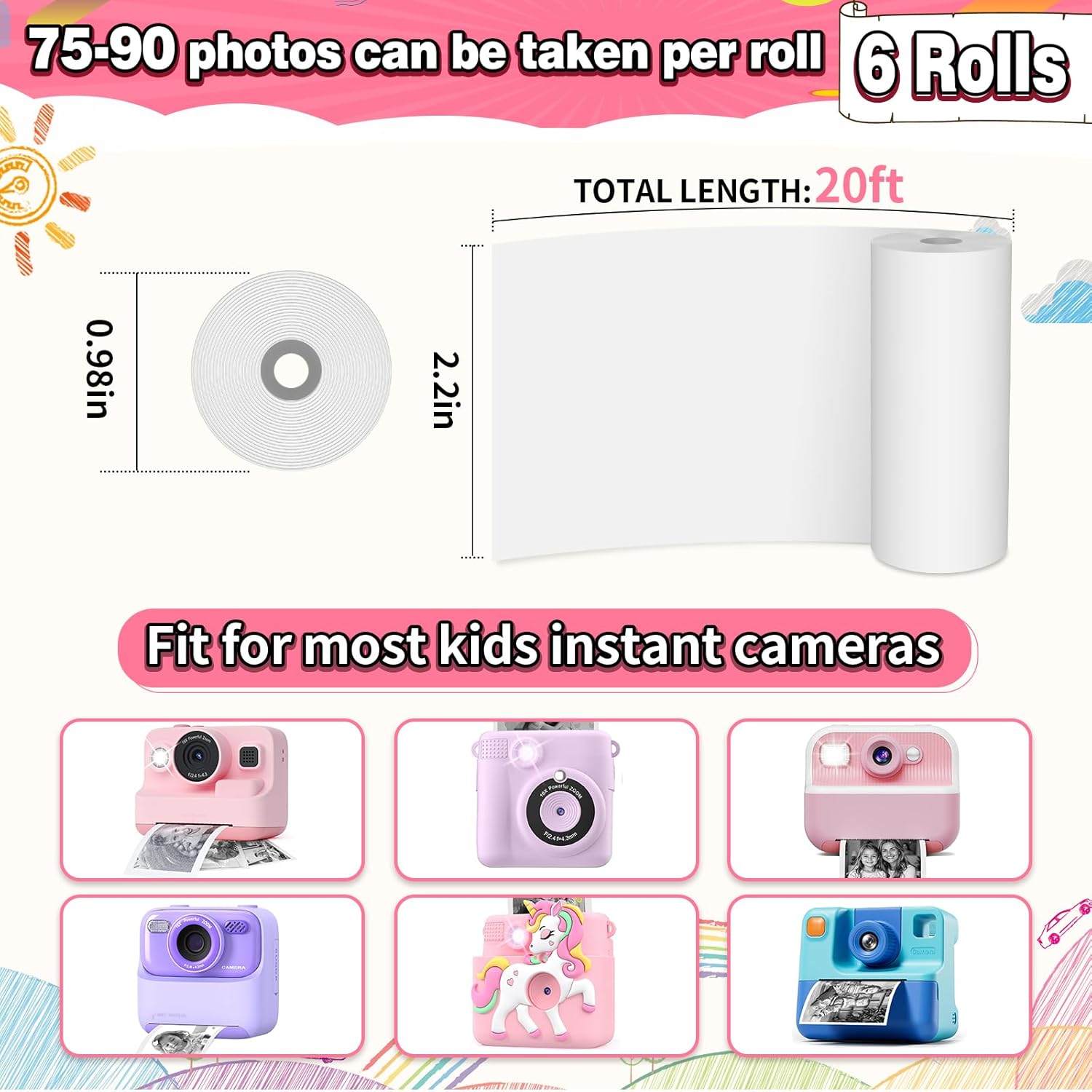 Kids Camera Instant Photo Printing Paper Roll, 6 Rolls Leebotree Thermal Print Refill Fit for Most
