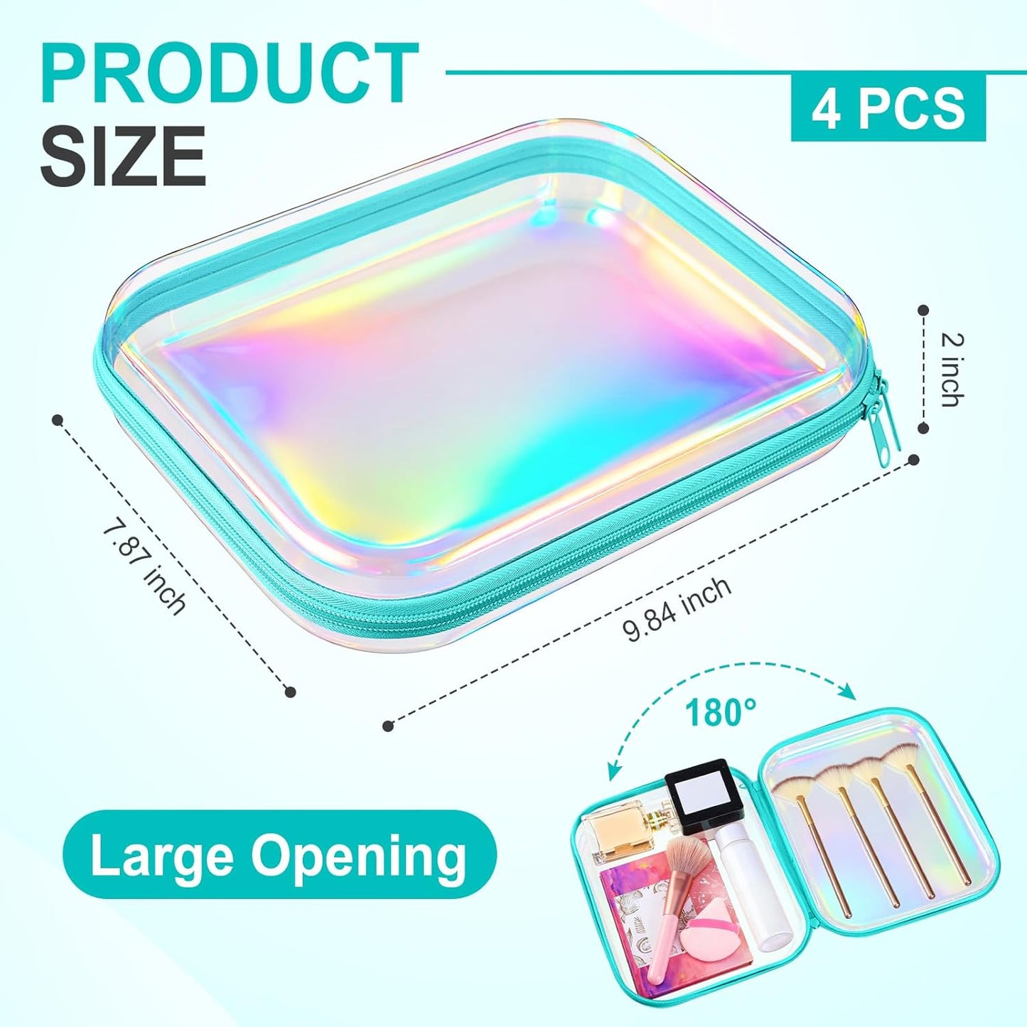 Hoolerry 4 Pcs Hard Clear Zipper Case Makeup Bags Plastic Pencil Pouch Transparent Storage Box Containers for Cosmetics, Snacks, Building Blocks, Puzzles(Blue Laser,9.8 x 7.9 x 2 in)