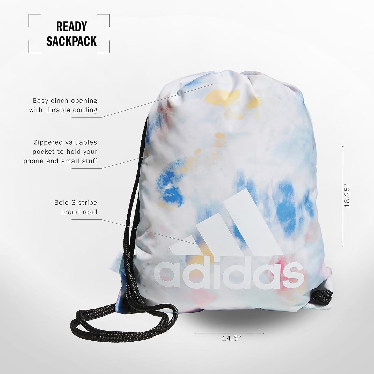 adidas Ready Sackpack – Drawstring Backpack Lightweight Small Gym Bag, Tie Dye Wash Halo Mint