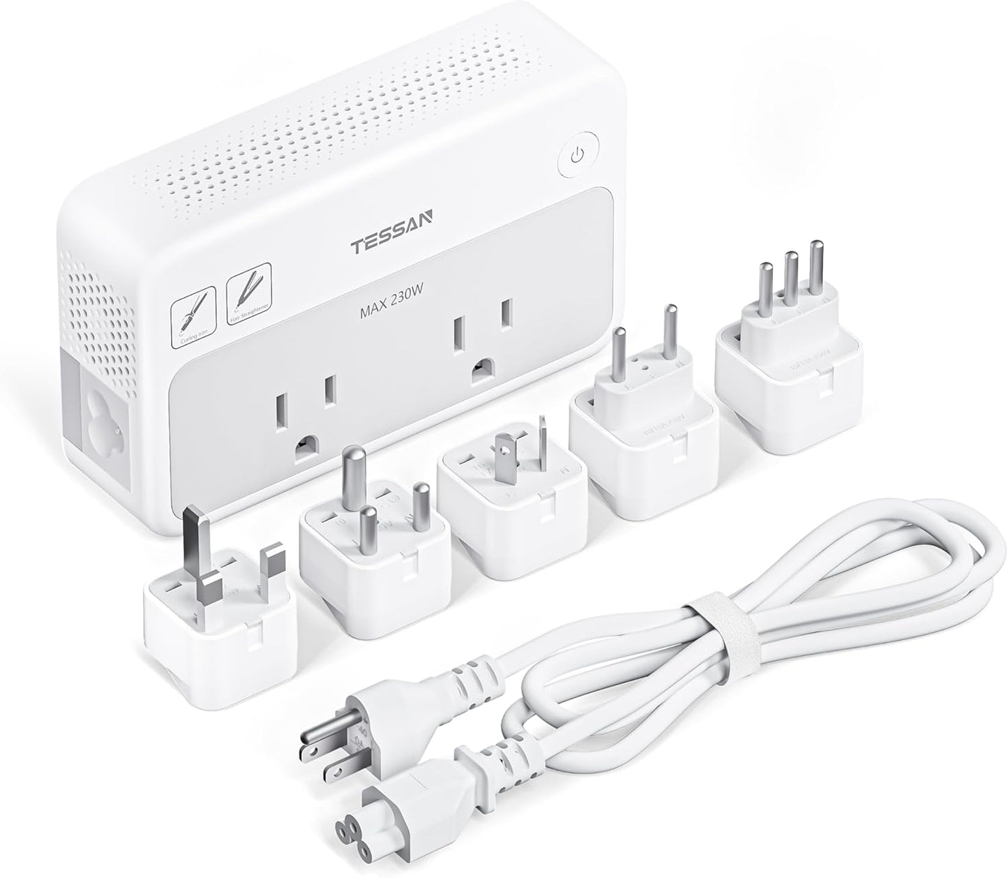 TESSAN 220V to 110V Voltage Converter, Universal Travel Power Adapter Combo with International Plug (Type C/G/D/I/L), 2AC 4 USB Ports(1 USBC)，230W Max Step Down Transformer for US to Europe