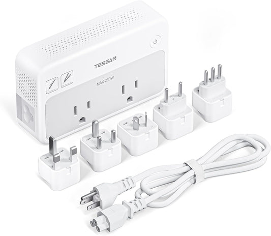 TESSAN 220V to 110V Voltage Converter, Universal Travel Power Adapter Combo with International Plug (Type C/G/D/I/L), 2AC 4 USB Ports(1 USBC)，230W Max Step Down Transformer for US to Europe