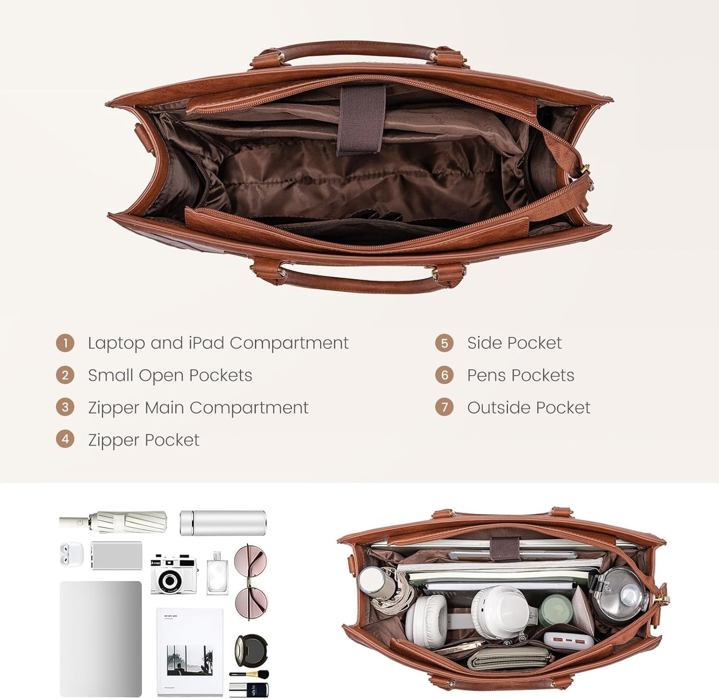 LOVEVOOK Laptop Tote Bag for Women, 15.6 Inch Work Bags, Vintage Leather Tote Bag, Waterproof Computer Bags with Clutch Purse, Large Capacity Messenger Bag for Teacher College Business Office