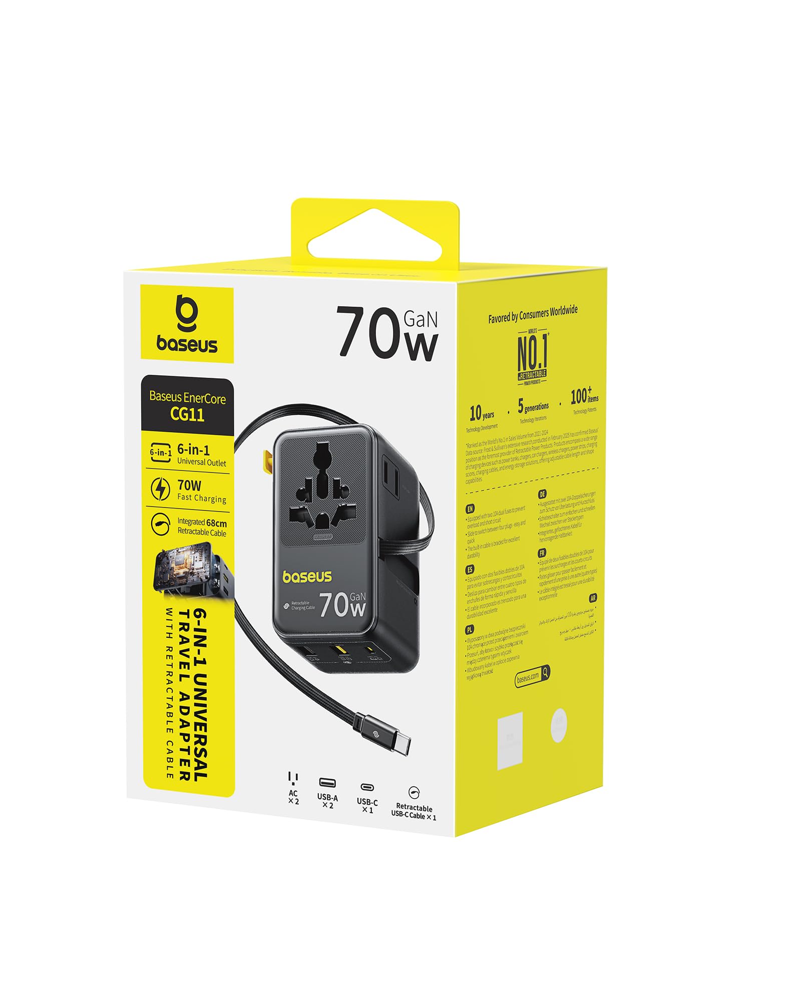 Baseus 70W Universal Travel Adapter, 6-in-1 International Plug Adapter