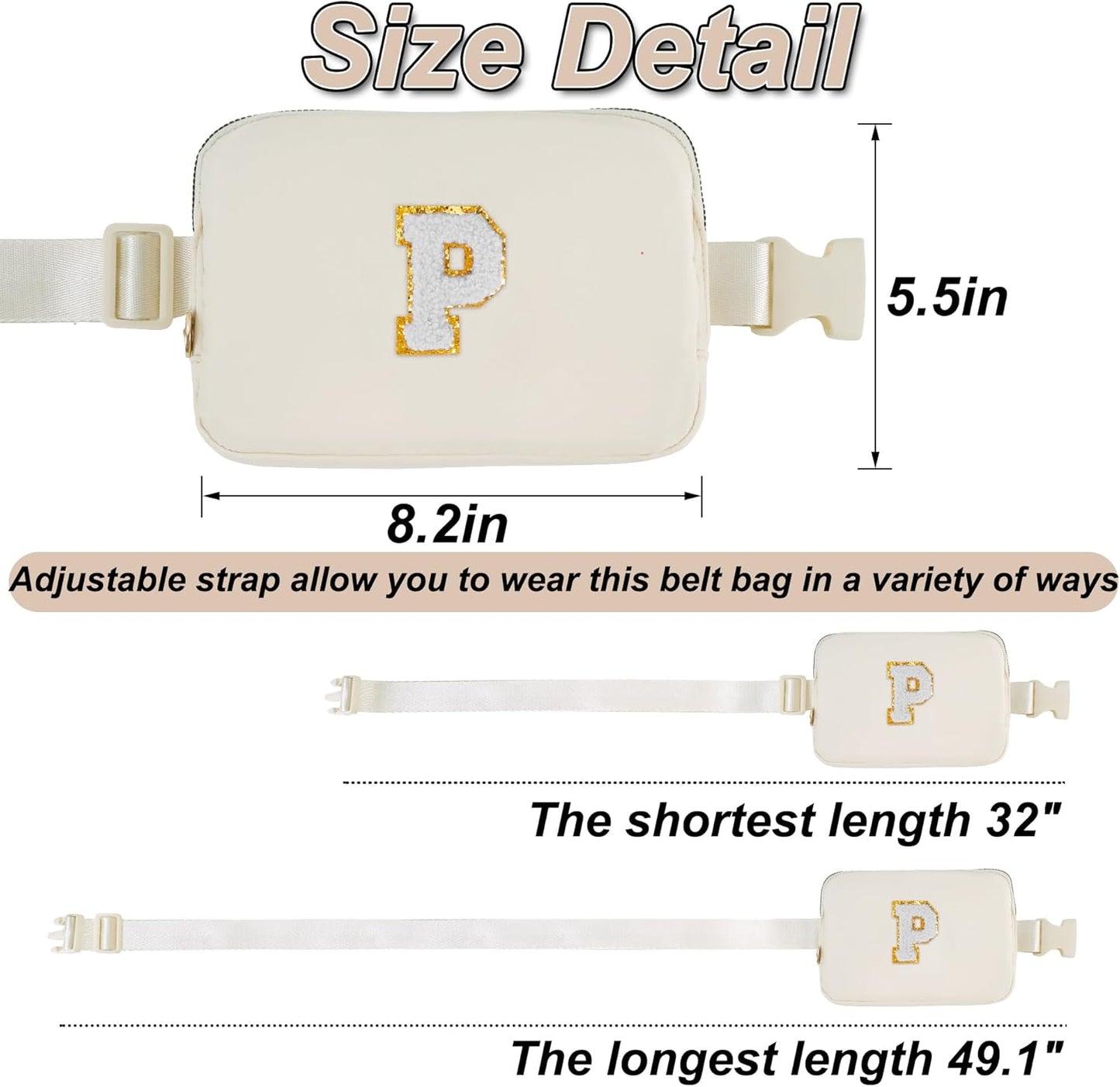 Party Favors for Kids 8-12 4-8, Gift Bags for Girls Teens, Accessories, Prize, Belt Waist Packs Travel Fanny Pack Crossbody, Initial White P, Cream