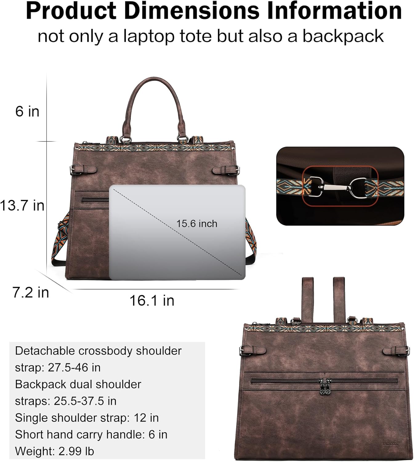 FADEON Laptop Bag for Women Designer PU Leather Large Tote Bags Backpack Purses with 15.6 Laptop Compartment Shoulder Handbag