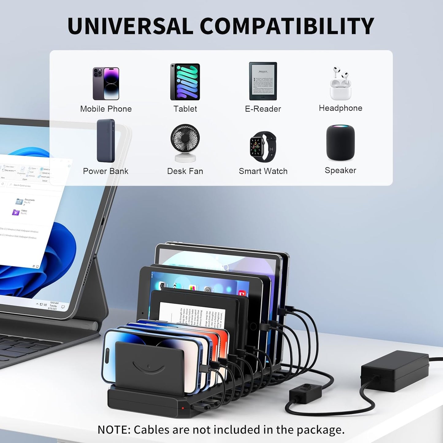USB Charging Station for Multiple Devices, 10 Port 60W Multiple USB Charger Station with Adjustable Dividers, Fast Charging Station Hub for Hotels, Shops, Schools, Shopping Malls and Travel