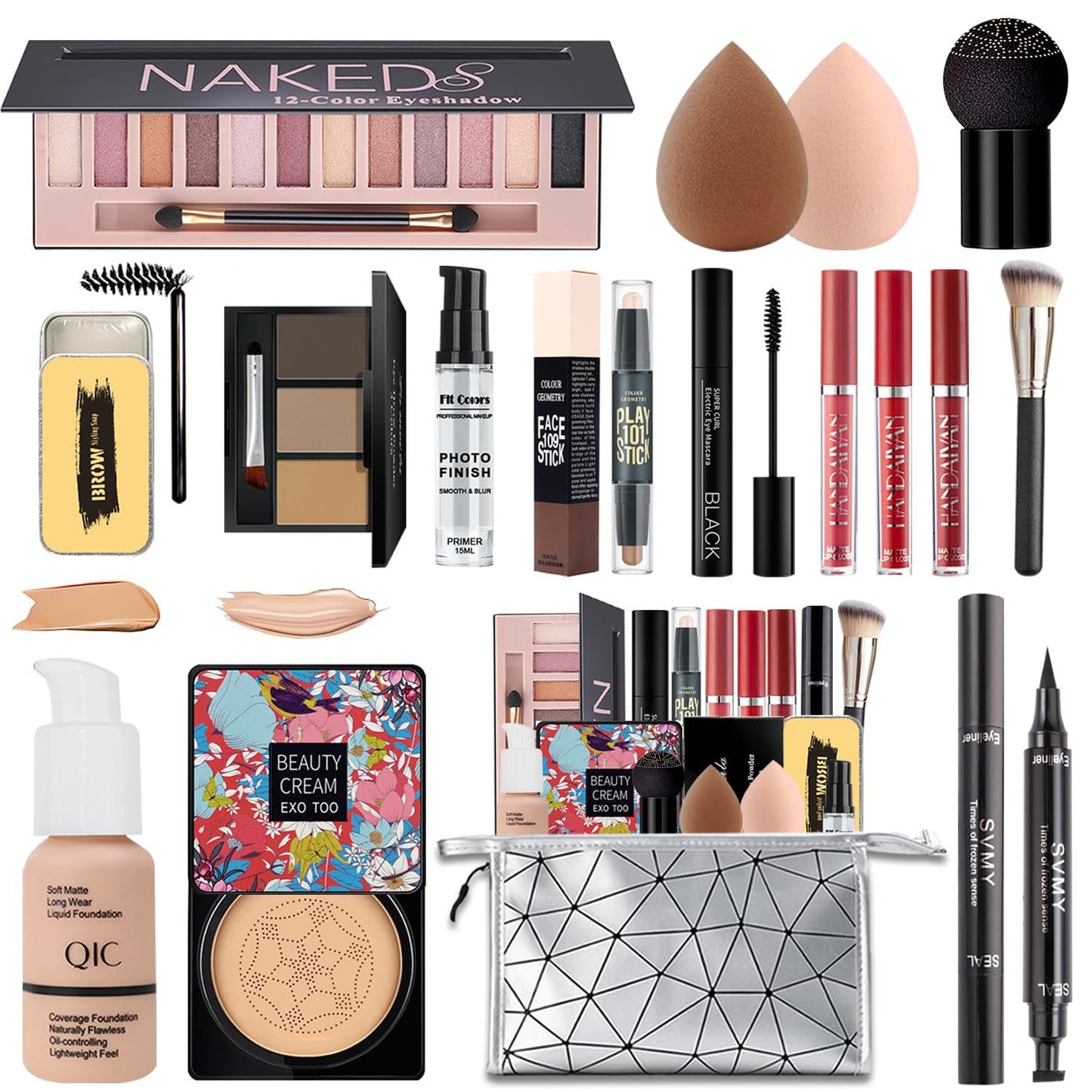 All in One Makeup Kit for Women Full Kit, Make Up Gift Set for Women Teens Girls, Includes Eyeshadow Foundation CC Lipstick Mascara Brush Sponge Brow Powder Soap Eyeliner Primer Contour Cosmetic Bag