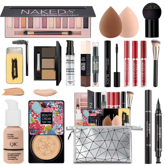 All in One Makeup Kit for Women Full Kit, Make Up Gift Set for Women Teens Girls, Includes Eyeshadow Foundation CC Lipstick Mascara Brush Sponge Brow Powder Soap Eyeliner Primer Contour Cosmetic Bag
