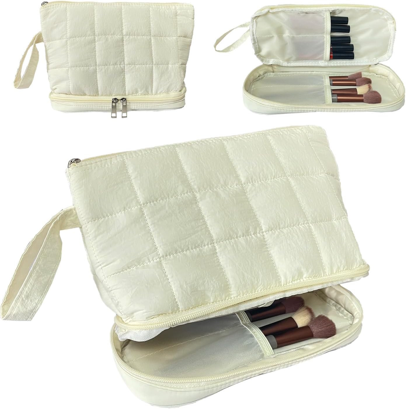 White Puffy Puffer Makeup Bag for Purse Small Makeup Pouch Quilted Cosmetic Bag Cute Cotton Toiletry Pouch Bag for Women