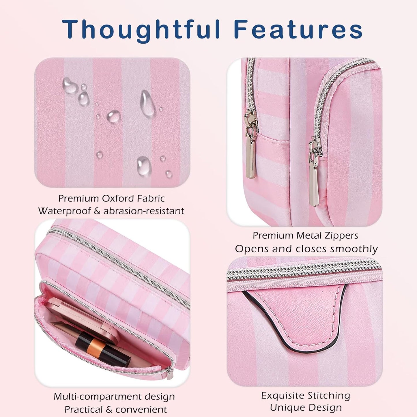 uekeboag Pink Stripe Nylon Travel Makeup Organizer Bag with Comartments,Large Capacity Cosmetic Bags,Toiletries Accessories Coquette Bag for Women Girls(02Compartments)