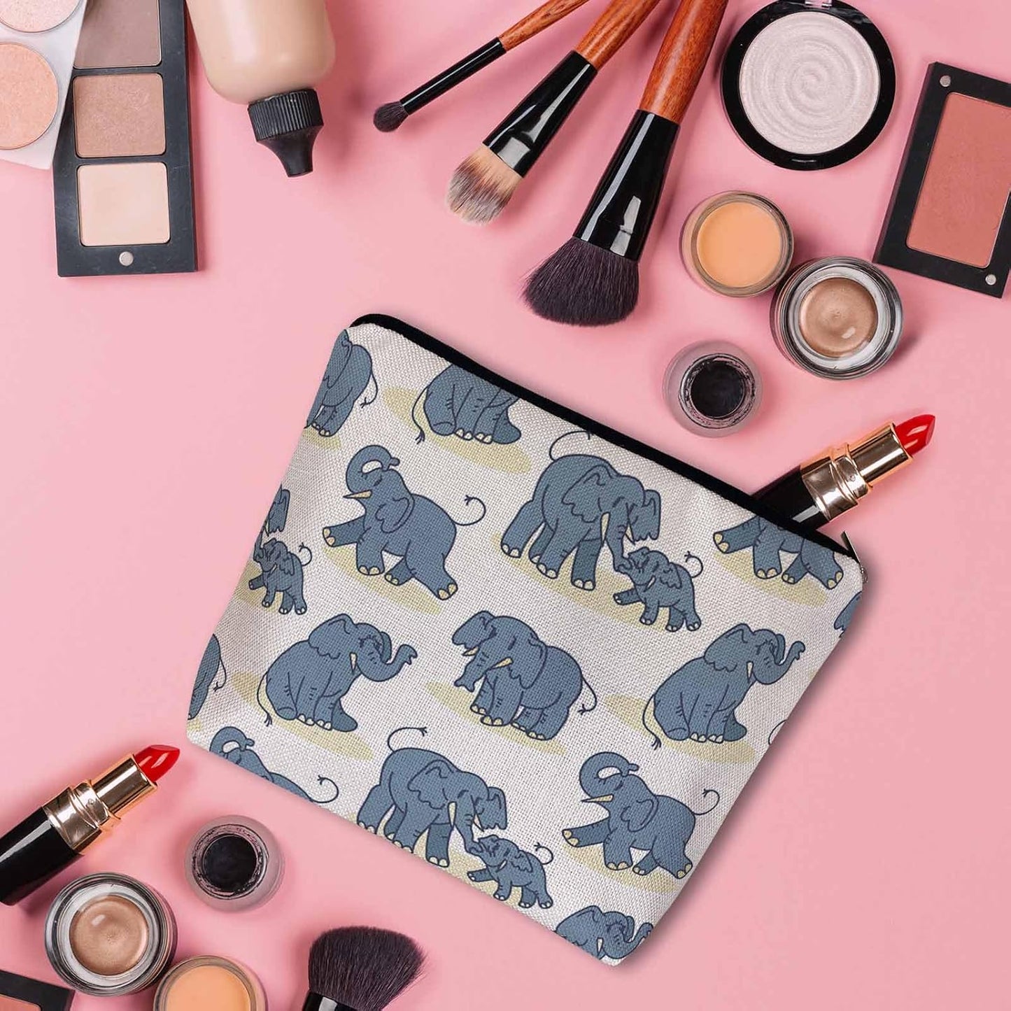 Elephant Makeup Organizer Bag Cosmetic Bag For Men Women, Cute African Animal Elephant Blue Travel Toiletry Bag Flax Makeup Bags Purse Business Makeup Pouch For Toiletries Cosmetics