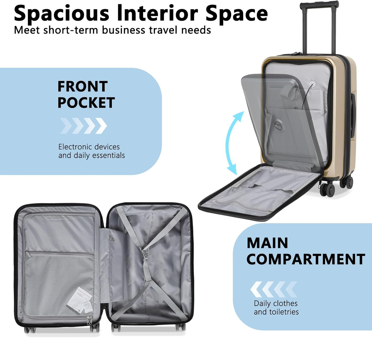 Carry On Luggage with Front Pocket & USB Port, PC Hardside 20 Inch luggage with Spinner Wheels & Built-in TSA Lock, Durable Lightweight Rolling Suitcase, Carry-On 20-Inch, Champagne