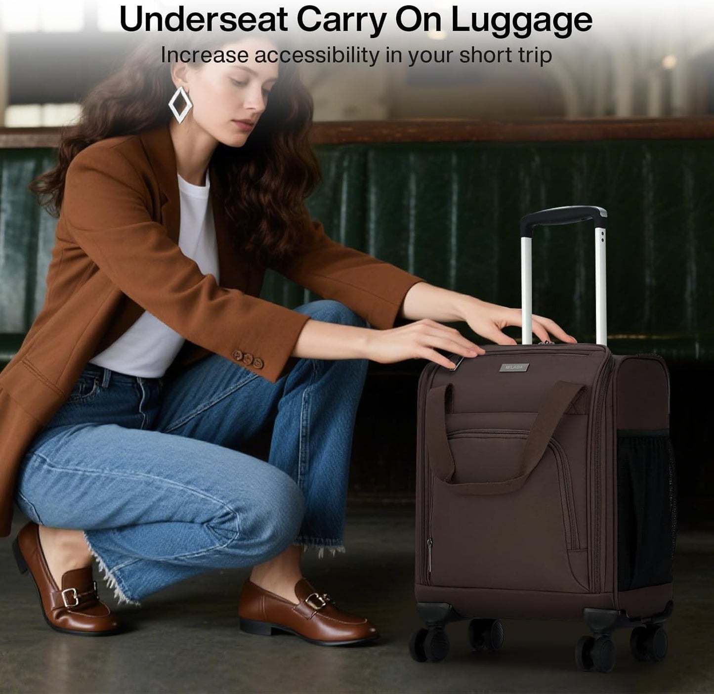 MILADA Carry On Luggage Airline Approved 16 Inch Underseat Small Suitcases with Wheels Softside Travel Luggage Personal Item Overnight Bag Business Mini Suitcase for Women and Men, Coffee