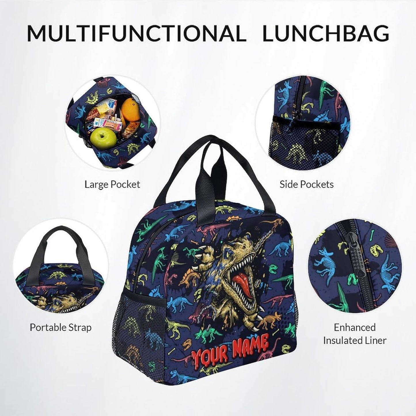 Boys Backpack with Lunch Box - Personalized 3 in 1 Cool Dinosaurs Bookbag for School, Travel - 17 Inch Custom School Bag Set for Kids