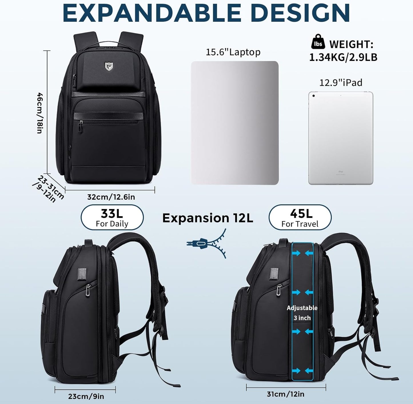 Travel Laptop Backpack for Men, Expandable Water Resistant 15.6 Inch Computer Backpack with USB Port, Mens Hardshell Laptop Bag for Business/Work/College, Black