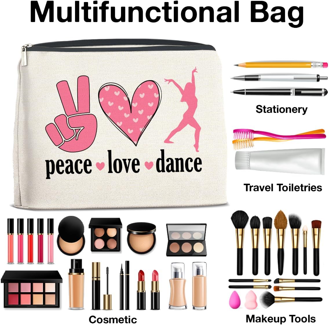 Dance Gifts Makeup Bag Dance Recital Gifts for Girls Women Students Dancers Cosmetic Bag Dance Competition Gift Peace Love Dance Zipper Makeup Pouch, polychrome
