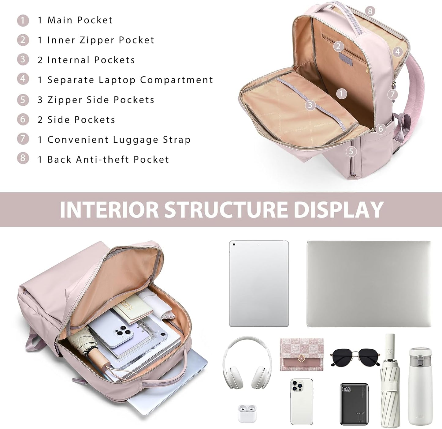 Laptop Backpack for Women, Work Business Traval Computer Backpacks with Laptop Compartment Waterproof Casual Daypack for Travel College,16Inch,Pinkish Grey