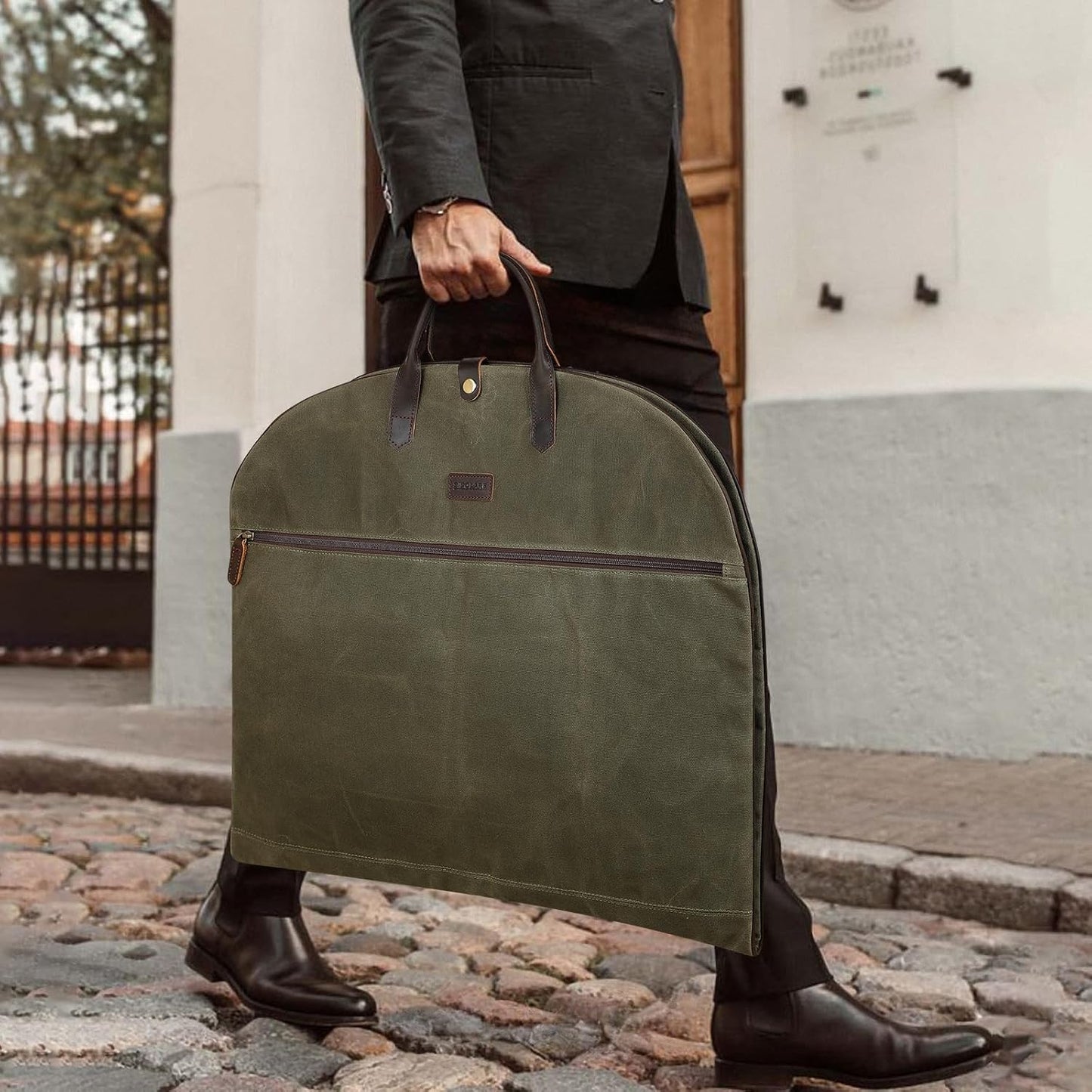Polare 43” Waxed Canvas Full Grain Leather Trim Carry On Garment Bag for Travel, Waterproof Dust-Proof Foldable Hanging Suitcase Weekender Garment Cover with YKK Zipper (Army Green)