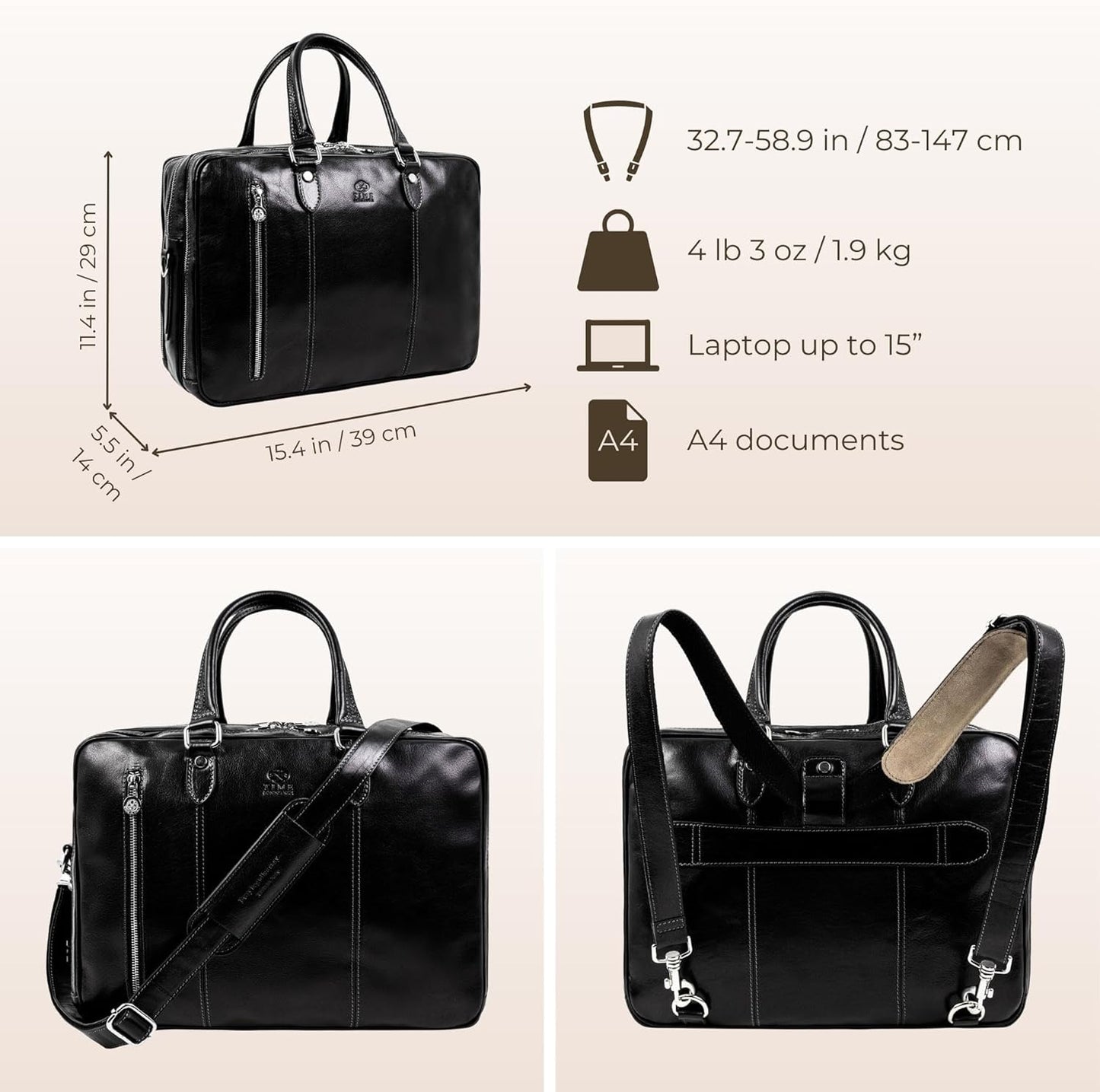 Time Resistance Leather Laptop Briefcase - Full Grain Leather Computer Bag for Men and Women