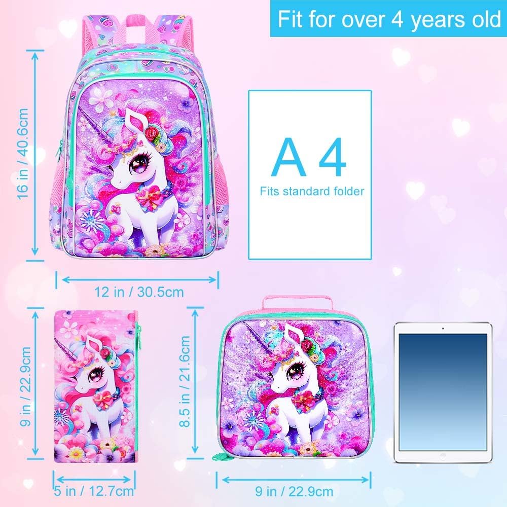 3PCS Unicorn Backpack for Girls, Water Resistant Kids Bookbag Set with Lunch Box，Cute Elementary School Bag for Preschool Toddler