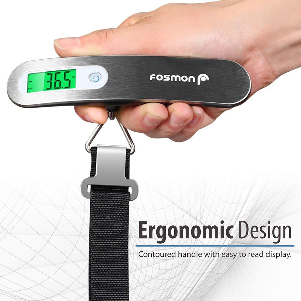 Fosmon Digital Luggage Scale, Digitial LCD Display Backlight Baggage Scale with 110lbs Capacity, Portable Stainless Steel Hanging Luggage Weight Scale with Tare Function for Travelers - Silver