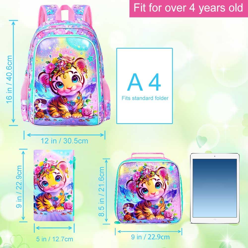 3Pcs Tiger Backpack for Girls, 16" Kids School Backpacks with Lunch Box, Bookbag for Elementary Preschool Kindergarten(Pink)