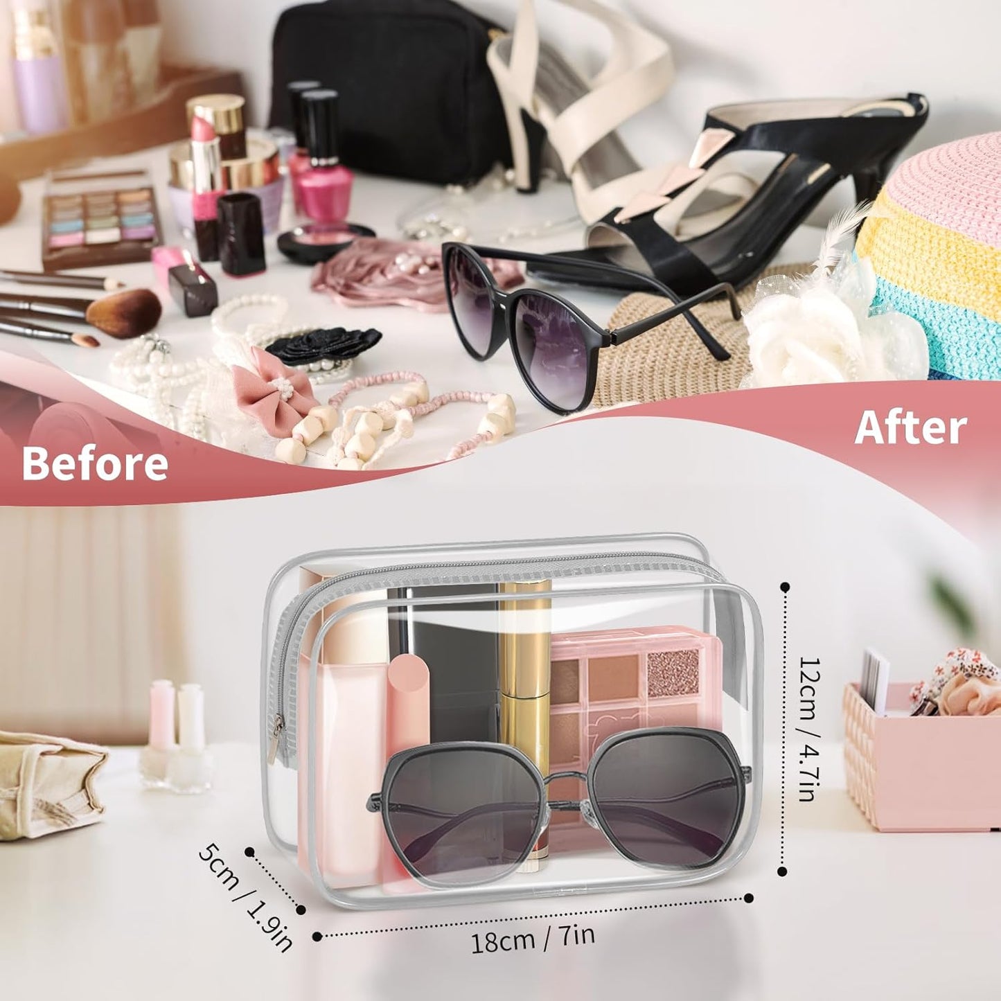 TISRATOK 12 PCS Clear Makeup Bag for Women with Zipper, TSA Approved Toiletry Pouch, Cosmetic Bag Bulk for Travel Organizer Essentials - Grey,Medium