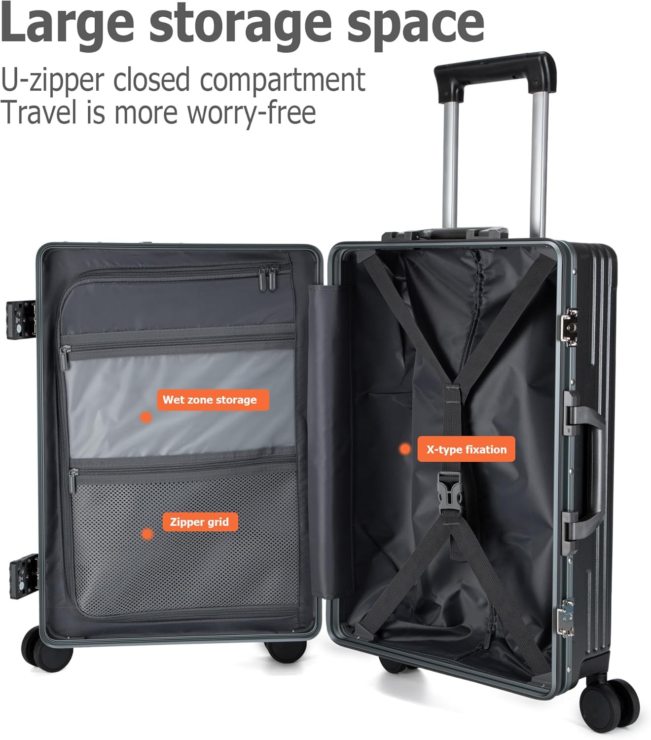 feilario 24in Aluminium Frame PC Hard Shell Spinner Wheels Luggage, Built-In TSA lock Carry on Suitcase, with Cup Holder, USB Port, Phone Holder